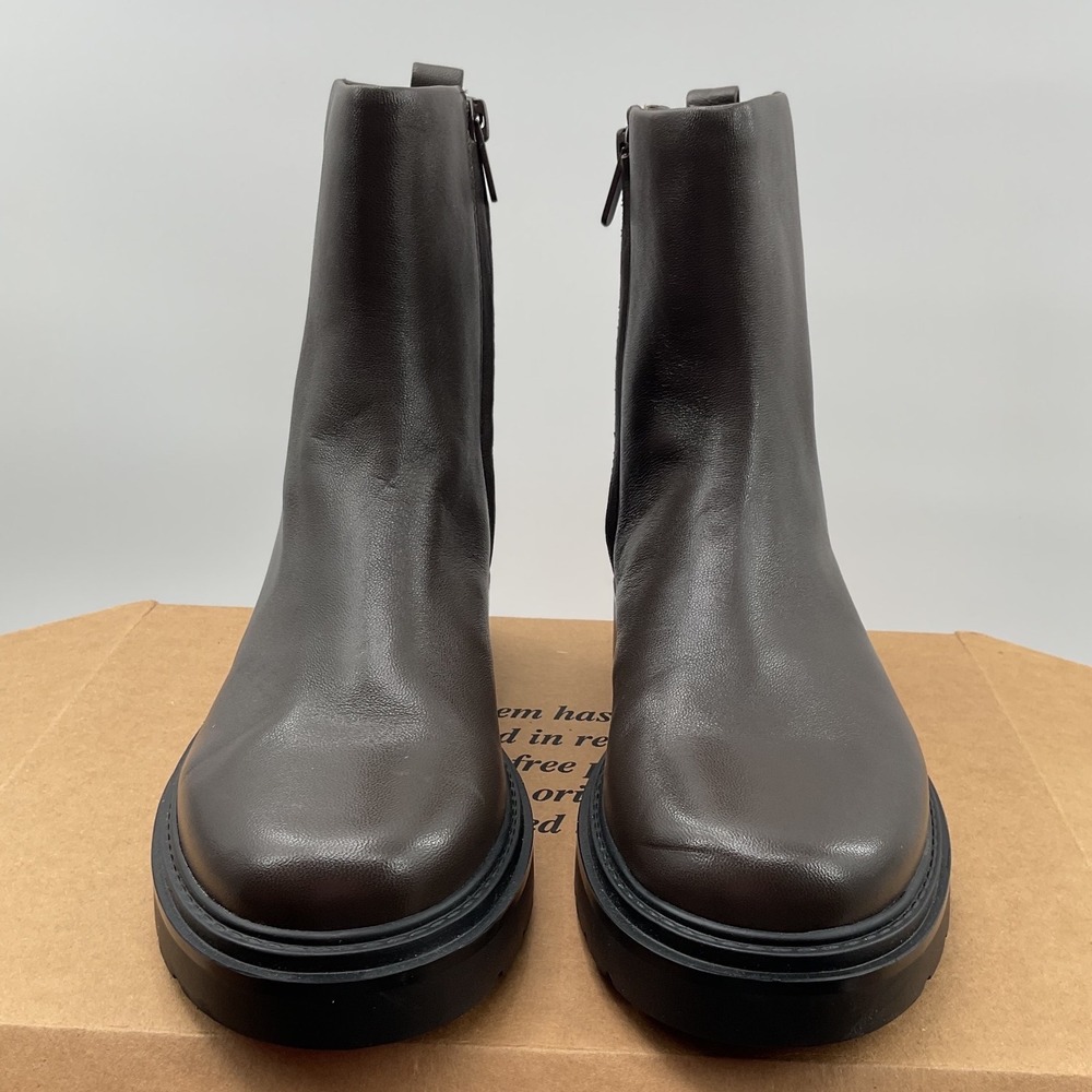 Vince Dark Brown Leather Platform Lug Sole Ankle Boots Women Side Zip
